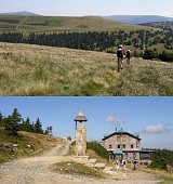 Nahoře: Dlouhé Stráně, v pozadí Praděd. Dole: Chata Jiřího na Šeráku. [Vergrößern - neues Fenster]